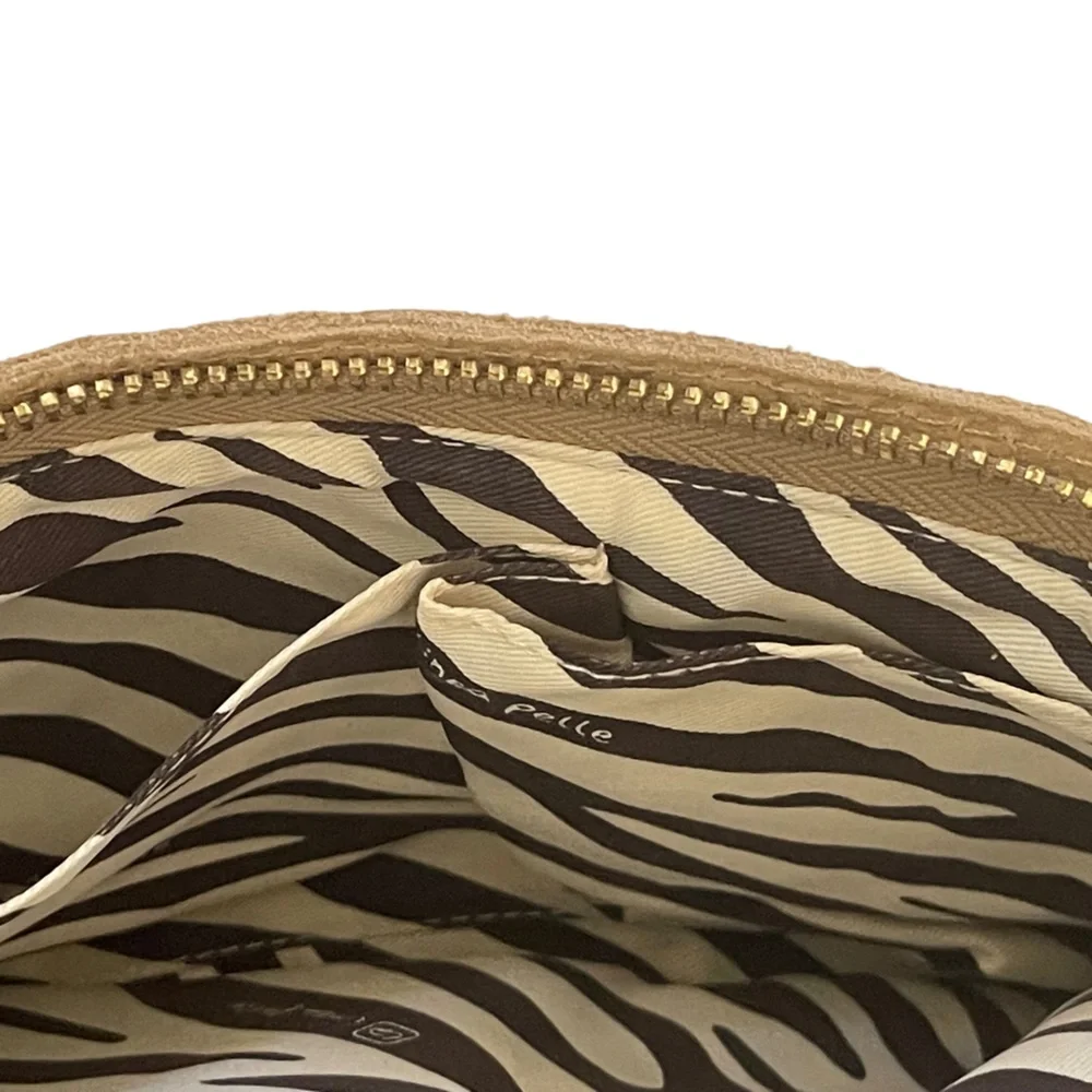 Linea Pelle Designer Clutch Tan Suede Leather Animal Print Gold Studs Lined